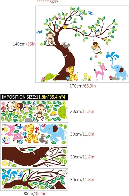 4 calcomanías de pared de árbol marrón de dibujos animados gigantes 12 x 36 - Quierox - Tienda Online