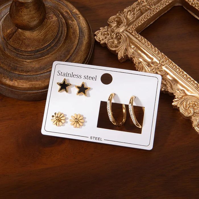 Tres Piezas De Aretes De Acero Inoxidable Con Serie De Margarita Y Estrella Para Mujer