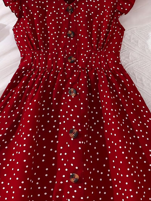 Vestido para niñas, rojo vino con lunares, con botones, manga volante pequeña, cuello en V