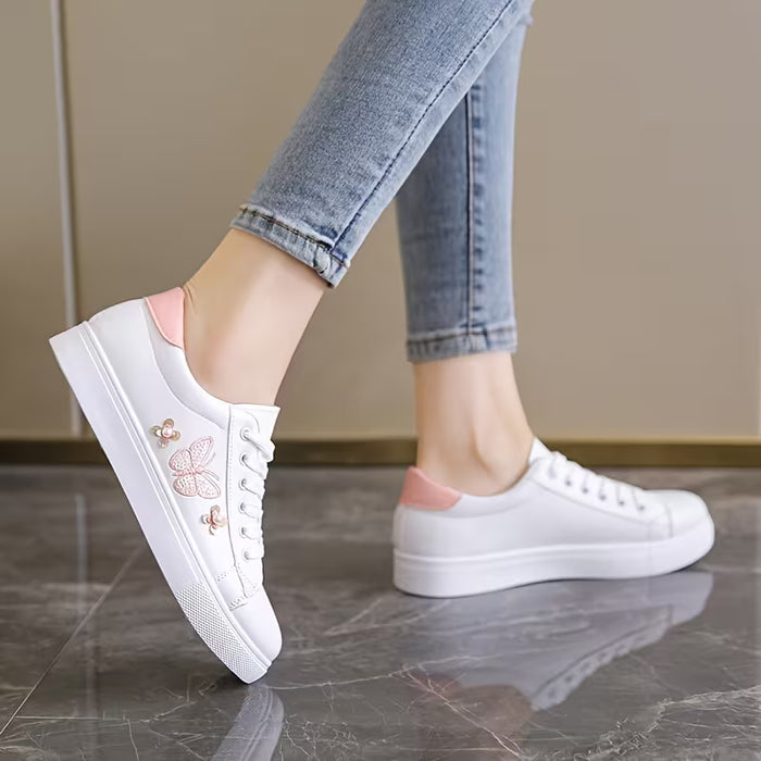 Zapatillas Bajas de PU Blanco Brillante para Mujer con Cordones Brillantes y Suela de Goma
