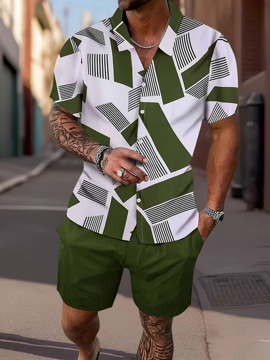 Conjunto de camiseta de manga corta estampada y shorts con bolsillo de hombre