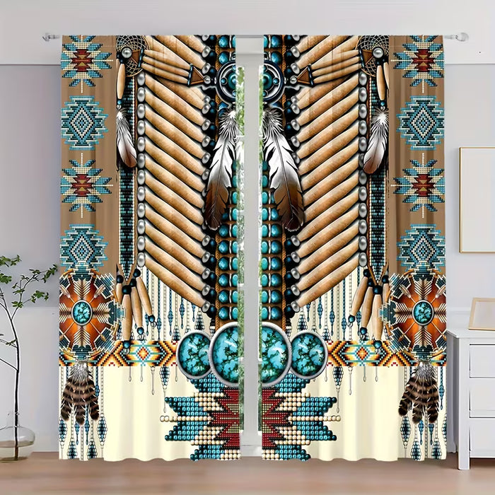 Dos piezas de tela de poliéster, cortinas con bolsillo para barra y diseño bohemio de plumas 75cm x 166cm