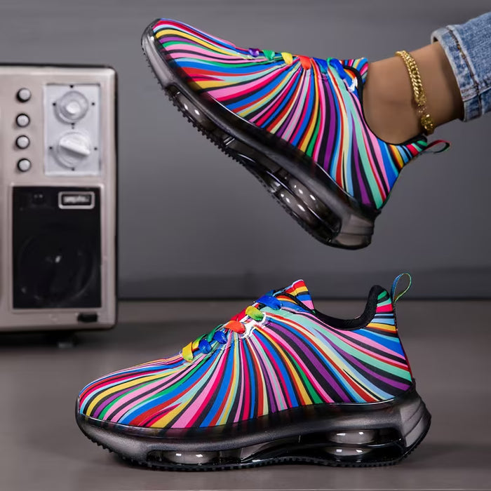 Zapatillas transpirables de malla para mujer con rayas arcoíris
