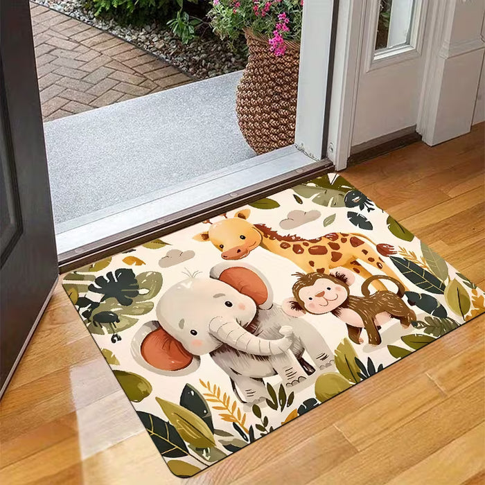 1pc Alfombra Infantil Estilo Jungla, Elefante, Jirafa, Mono con Estampados de Plantas Tropicales