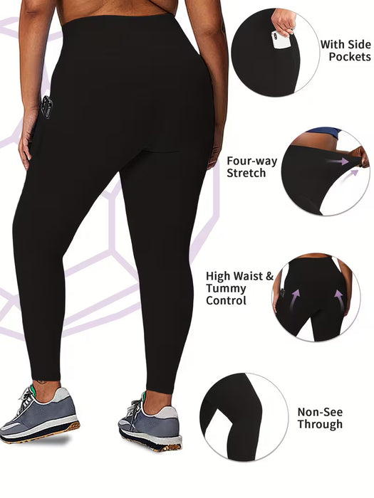 Leggings térmicos de talla grande para mujer de cintura alta y bolsillos laterales