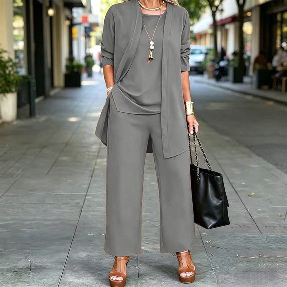 Conjunto de cárdigan de manga larga con frente abierto, pantalón y camiseta para mujer