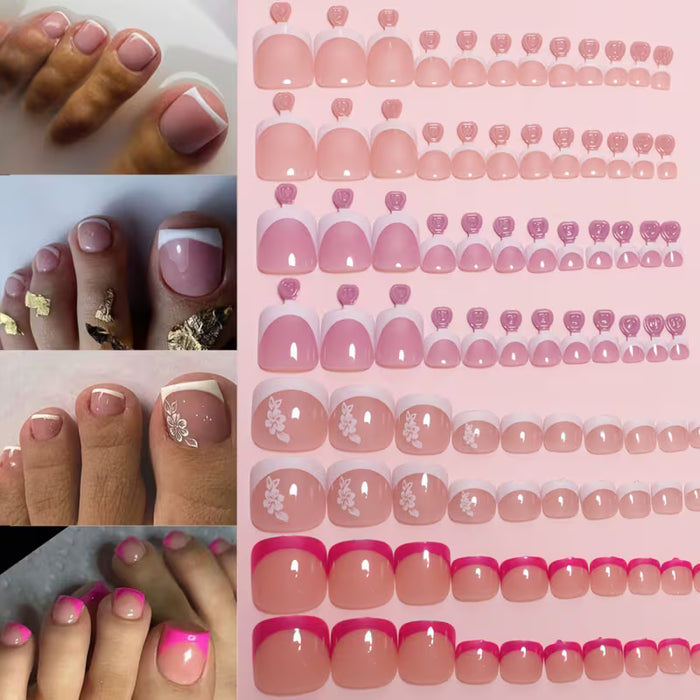 96 Piezas de Uñas Postizas Cortas Cuadradas con Punta Francesa y Diseños de Flores