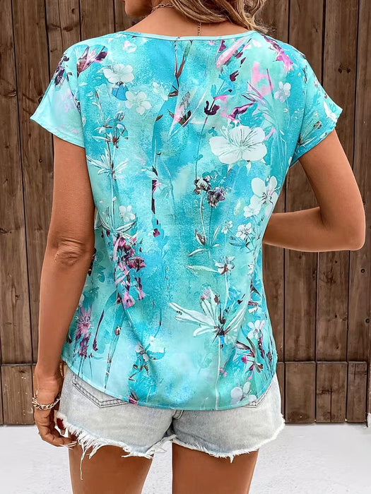 Camiseta de Mujer con Estampado Floral y Cuello Redondo