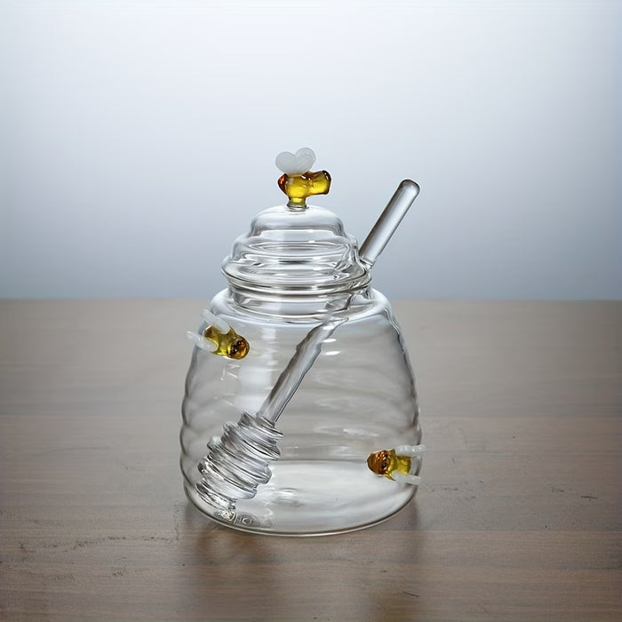 1 pza. Tarro de miel elegante con temática de abeja y cucharilla integrada de vidrio
