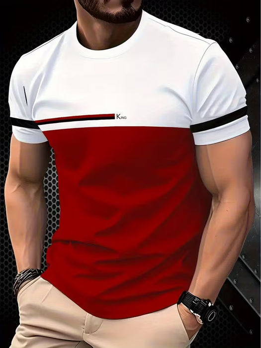 Camiseta de hombre de verano con cuello redondo y estampado a rayas contrastantes