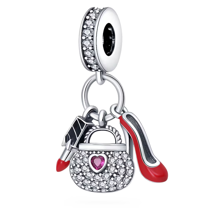 Colgante de tacón alto plateado de 1 pieza con forma de bolso y lápiz labial, adecuado para pulsera