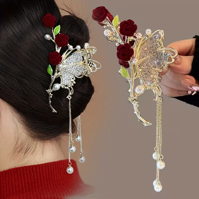 Pinza Larga Vintage con Flecos de Estrás - Garra Grande para Trenzas, Coletas, Moños