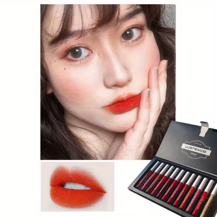 Set de 12 Brillos Labiales Brillantes en Caja Dorada con Fórmula Impermeable y de Larga Duración