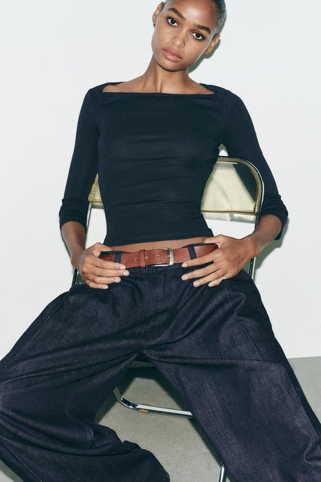Zara Camiseta de algodón modal de escote cuadrado