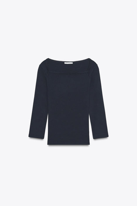 Zara Camiseta de algodón modal de escote cuadrado