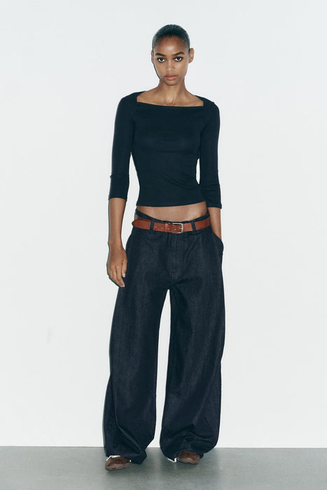 Zara Camiseta de algodón modal de escote cuadrado