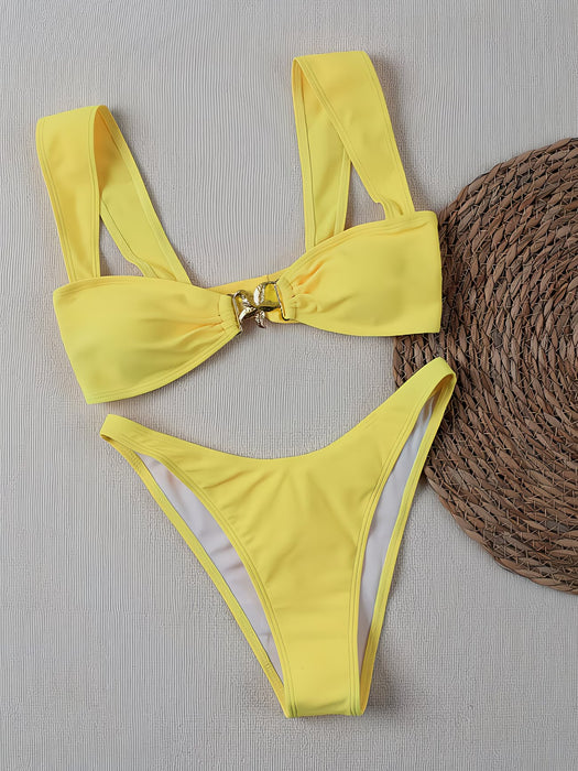 Conjunto de bikini para mujer con decoración metálica de estrella de color liso de hombros anchos