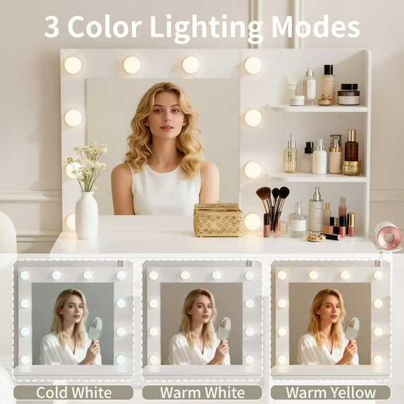 Tocador Furmax con luces y espejo, mesa de maquillaje con cajón y toma de corriente