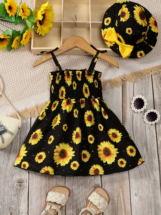 Conjunto de Dos Piezas para Niñas: Vestido con Estampado + Sombrero