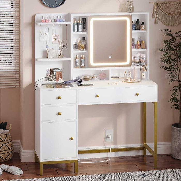 Tocador Furmax con luces y espejo, escritorio con cajón y silla, color blanco