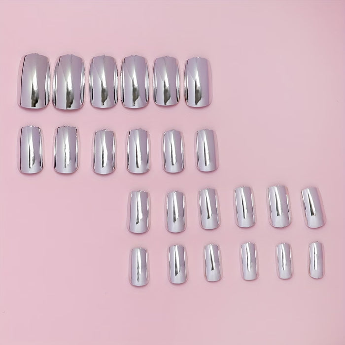 24 uñas postizas medianas squoval, Uñas postizas acrílicas brillantes plateadas tipo espejo