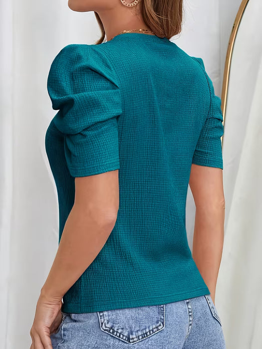 Camiseta de moda de cuello redondo con manga abullonada y manga corta