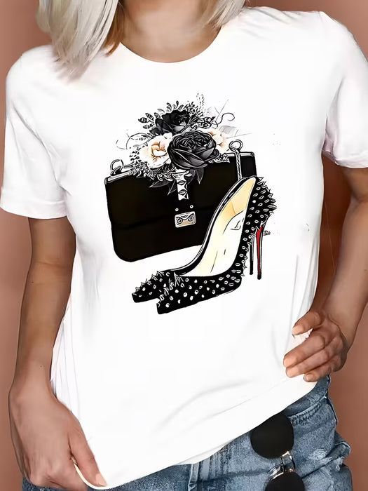 Camiseta de moda para mujer con estampado de tacón alto 3D y bolso