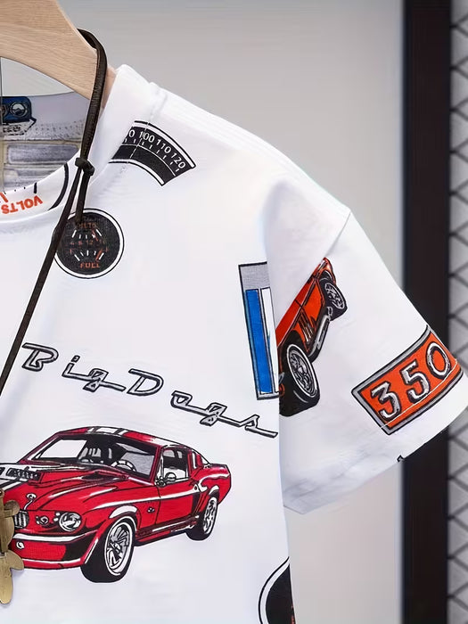 Camiseta de Manga Corta Casual con Estampado de Coche