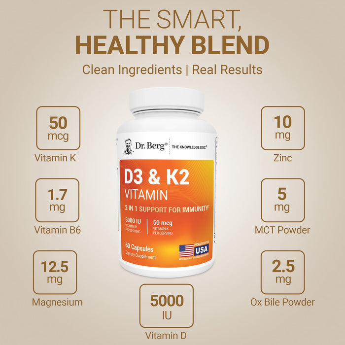Dr. Berg Suplemento vitamínico D3 y K2 - D3 K2 5000 UI, 60 cápsulas