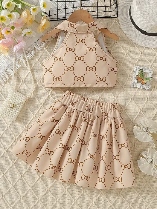 Chaleco sin Mangas con Estampado de Lazo y Falda Plisada para Niñas