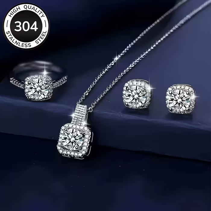 Conjunto de 4pcs de collar, aretes y anillo de circonita plateada para damas