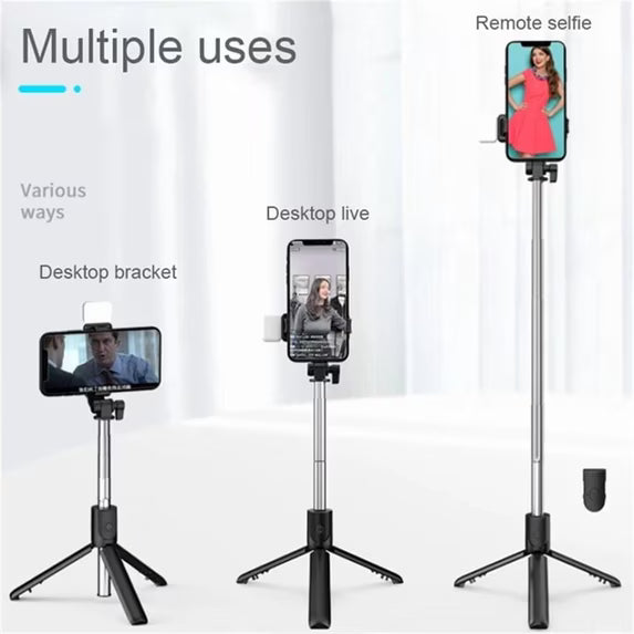 Trípode con palo selfie Bluetooth, control remoto inalámbrico desmontable y luz LED ajustable