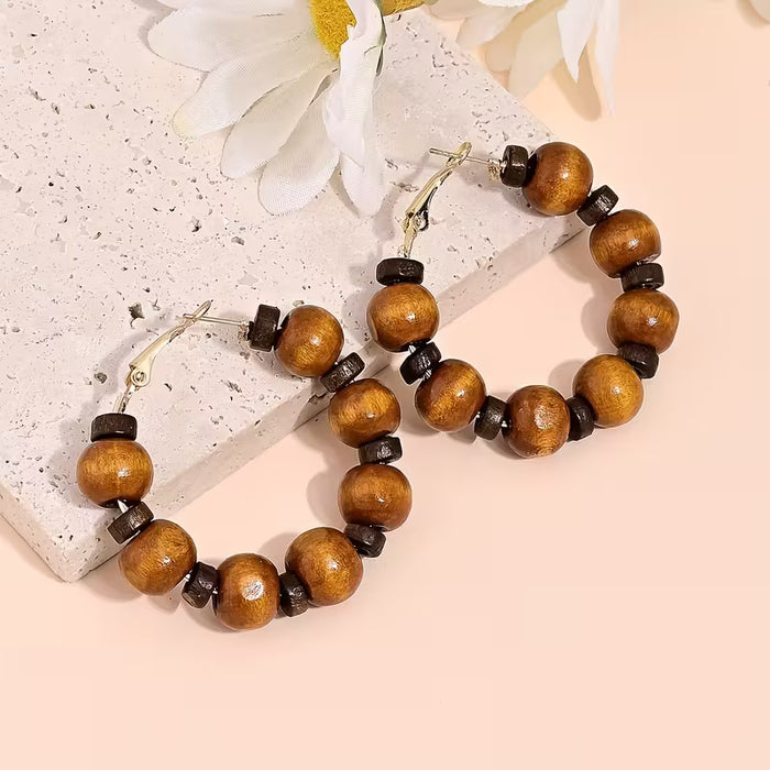 Un Par de Pendientes con Cuentas de Madera, Estilo Bohemio Vintage