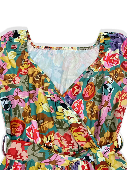 Vestido Largo Elegante de Manga Corta con Cuello en V y Estampado Floral