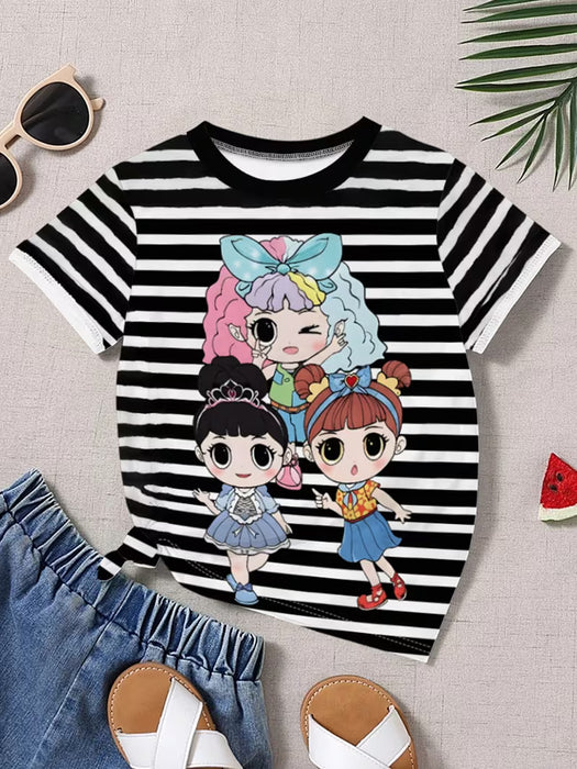Camiseta para niñas con estampado de patrón de niña linda a rayas blancas y negras
