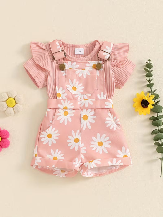 Conjunto de shorts para niñas, mameluco de manga corta con estampado de flores
