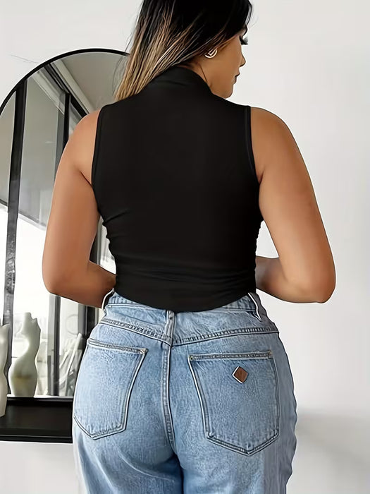 Chaleco Casual de Moda con Dobladillo Inclinado, Cuello Semi-Alto