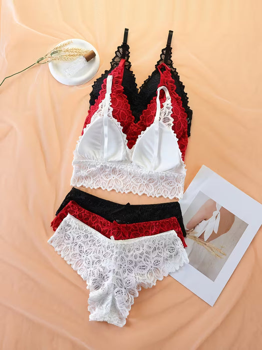 3 Juegos De Sujetador Y Bragas De Encaje Floral, Sujetador Push Up sin varillas Y Bragas Con Pajarita