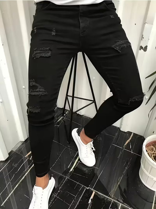 Pantalones de mezclilla para hombre, estilo coreano slim, elásticos, rotos