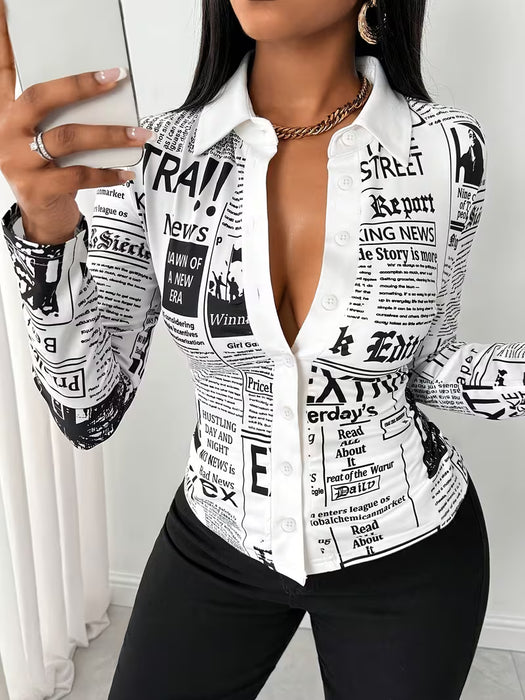 Camisa Casual de Manga Larga con Estampado y Botones para Mujer