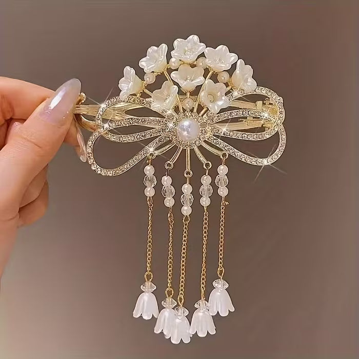 Elegante Horquilla con Lazo y Borla, Accesorio de Pelo de Aleación de Color Sólido