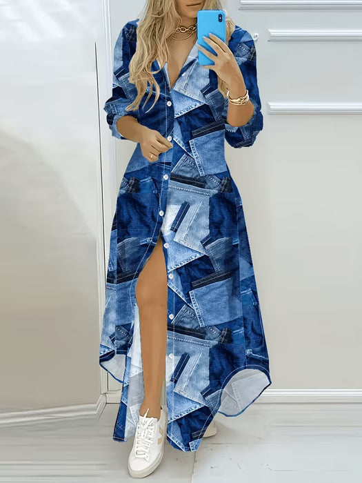 Vestido de manga larga con diseño estampado de patrón de mezclilla estilo vacacional
