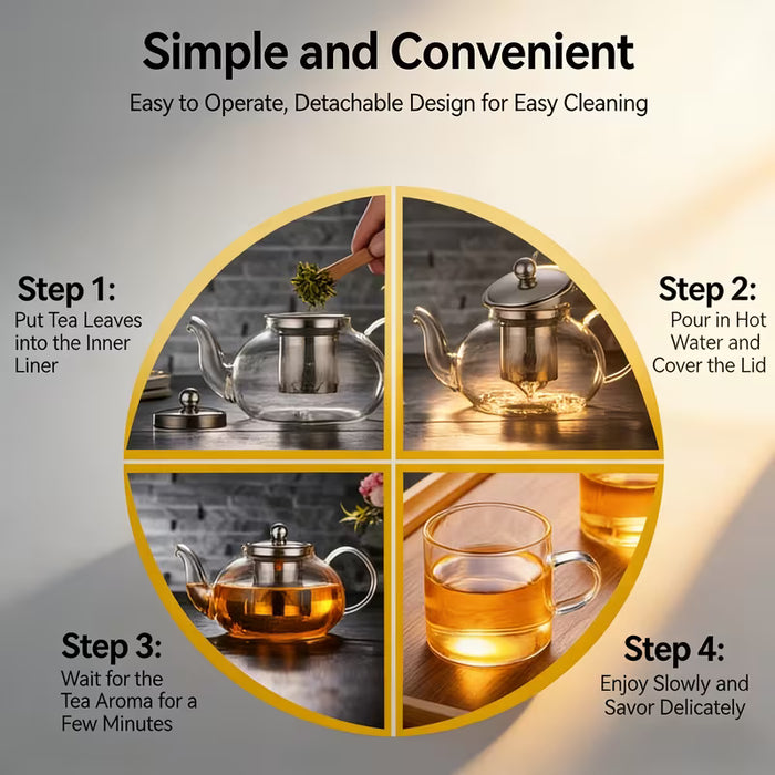 Tetera de vidrio transparente con colador de té y tapa, ideal para preparar té en casa