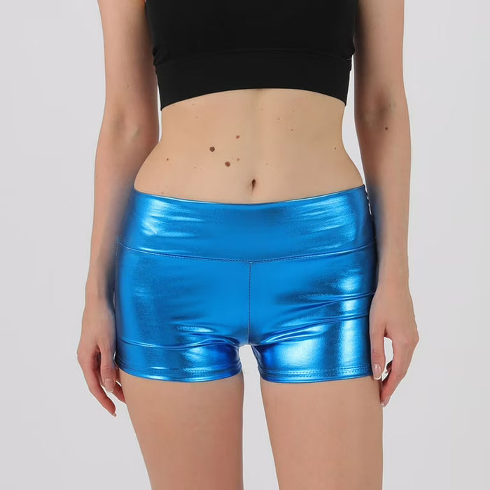 Mini shorts metálicos brillantes para mujer, color azul