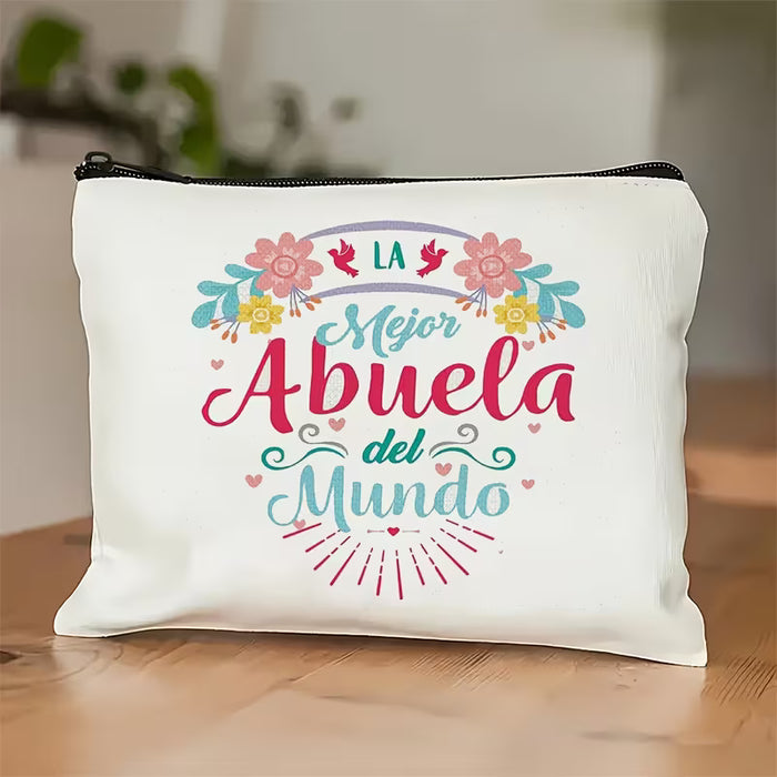 1 ud. de una bolsa de maquillaje con la frase 'La mejor abuela del mundo' con un diseño floral