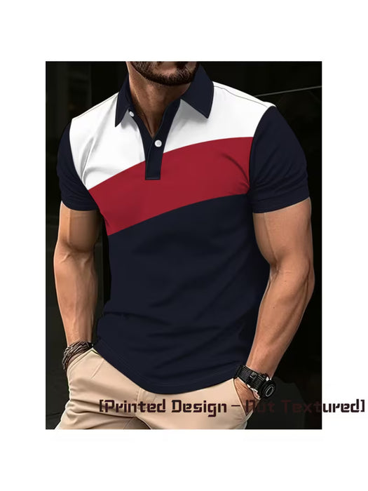 Polo para hombre con estampado de bloques de color blanco, rojo y azul marino
