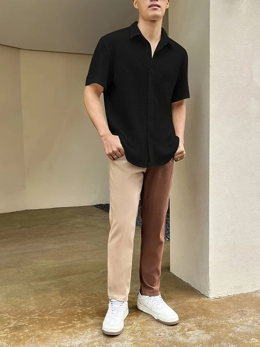 Camisa casual de jacquard para hombre, de manga corta con botones y texturizada