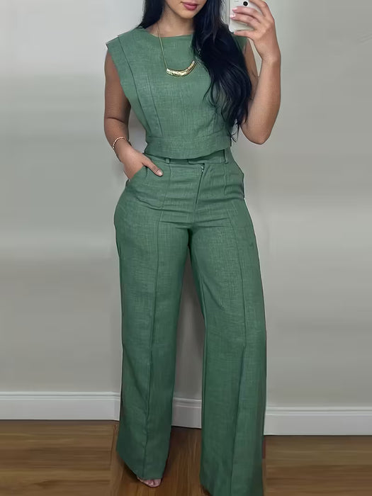CHICME Conjunto de dos piezas de camiseta sin mangas de color sólido y pantalones