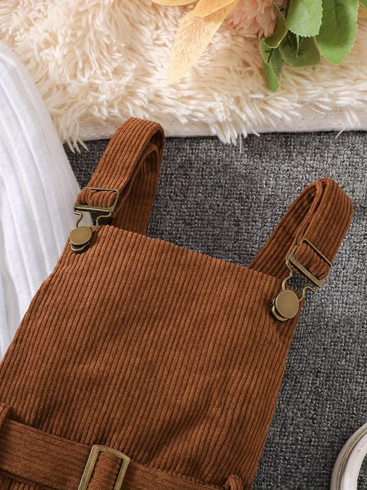 Conjunto Casual para Niñas: Top de Punto con Cuello Alto + Falda de Pana con Tirantes