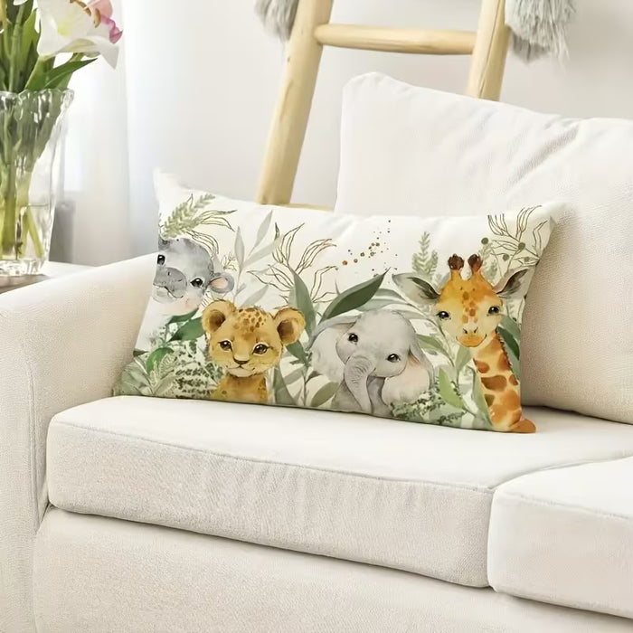 2 Funda de almohada moderna con diseño tropical de elefante y jirafa cazando